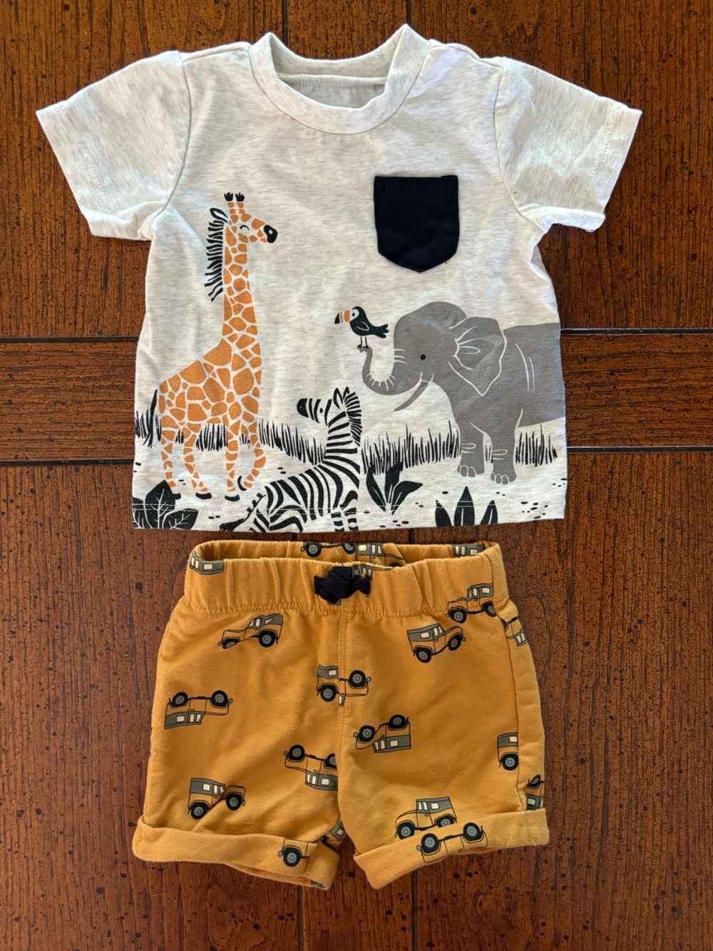 Safari Animal T-Shirt & Mustard Safari Truck Short, 2-Pc Set, 3 Month Baby Boy